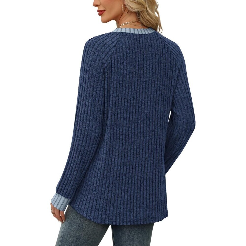 Women's Navy Blue Color Block Long Sleeve Shirt Lightweight Sweater Fall 2025 - Picture 5 of 5